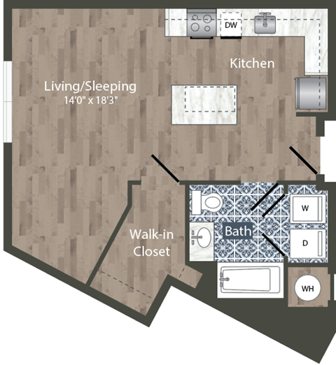 Floor plan for studio, 1 bath, 559 sqft